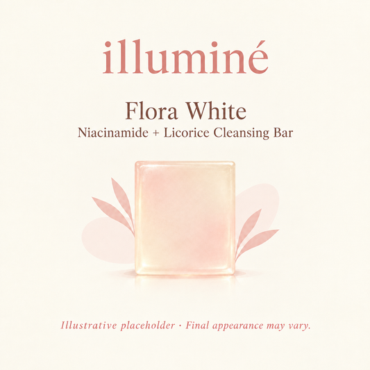 Illustrative placeholder for illuminé Flora White niacinamide and licorice cleansing bar with a translucent pearlescent appearance. Final appearance may vary.