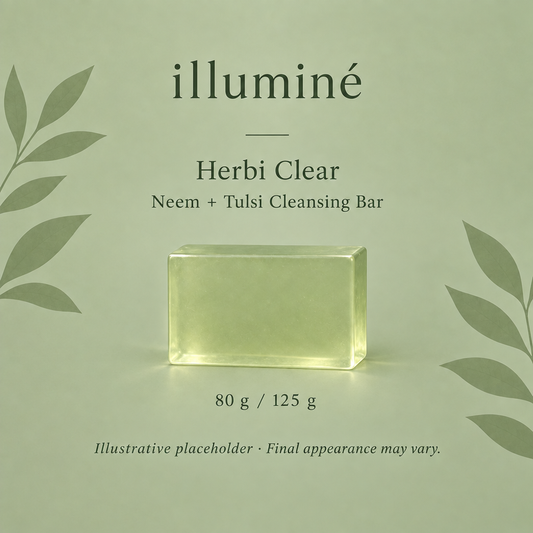 Illustrative placeholder showing a softly translucent illuminé Herbi Clear cleansing bar; 80 g and 125 g sizes indicated. Final appearance may vary.