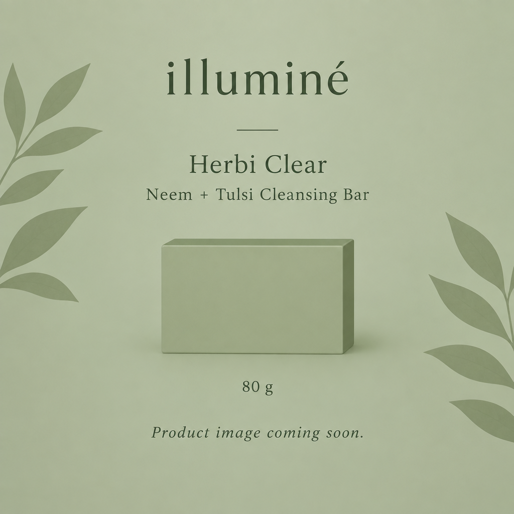 Illustrative placeholder for illuminé Herbi Clear neem and tulsi cleansing bar, 80 g; product image coming soon.