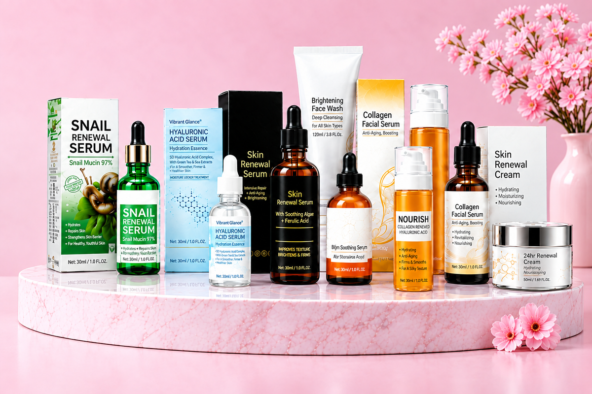 Decorative skincare product lineup without Nova branding